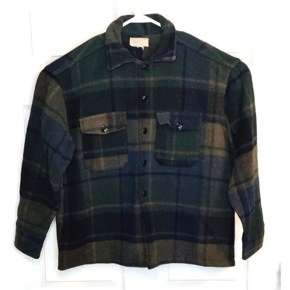 Vintage Traverse Bay Woolen Company Wool Flannel Shirt Green Blue Color 40s 50s